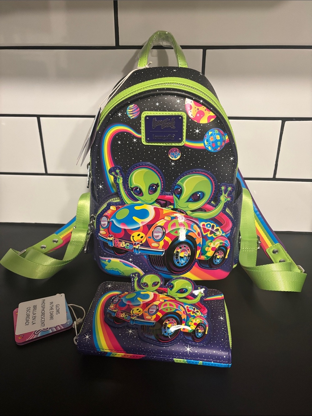 Loungefly x Lisa Frank Cosmic Alien Ride Glow in the Dark Backpack & Wallet NWT